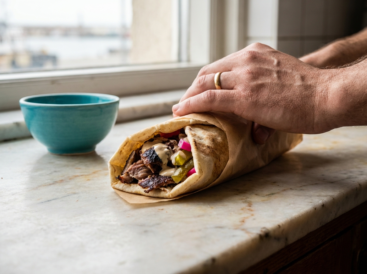 Preparare shaorma în bucătăria One Shawarma — carne fragedă pe grătar